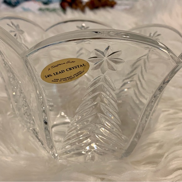 Lead Crystal Holiday Ice Bucket Bowl Winter Evergreen Tree  Stars Etched Czech - Picture 10 of 11